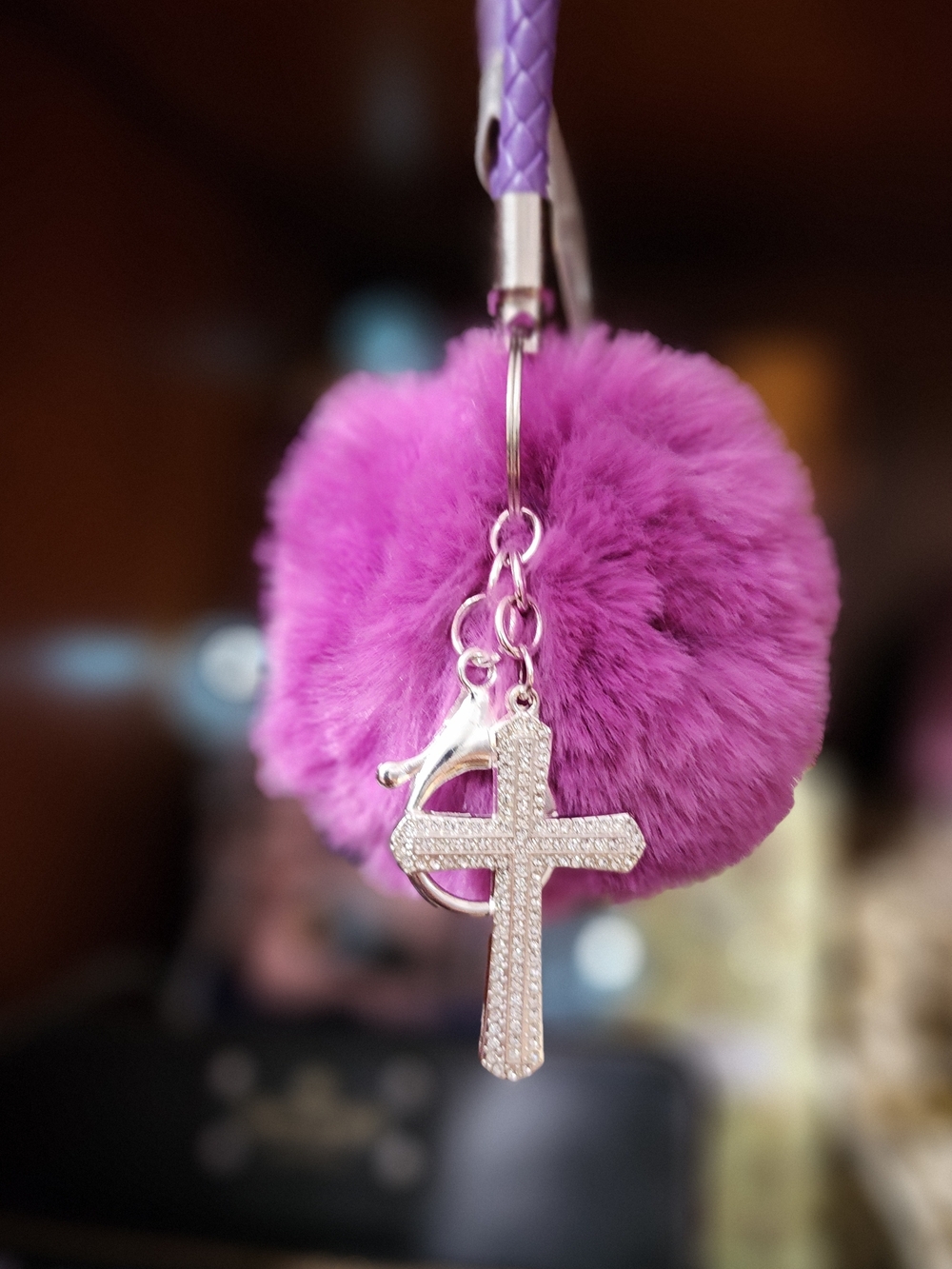 Plush Purple Pom Keychain with Rhinestone Cross Bag Charm